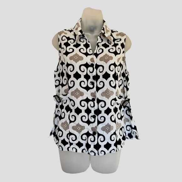 Carole Little 100% Linen Scroll Print Sleeveless Blouse Size Large - Picture 8 of 10